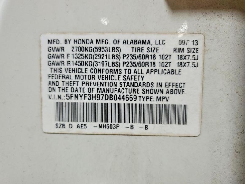 2013 Honda Pilot მანქანა იყიდება აუქციონზე, vin: 5FNYF3H97DB044669, აუქციონის ნომერი: 53586086