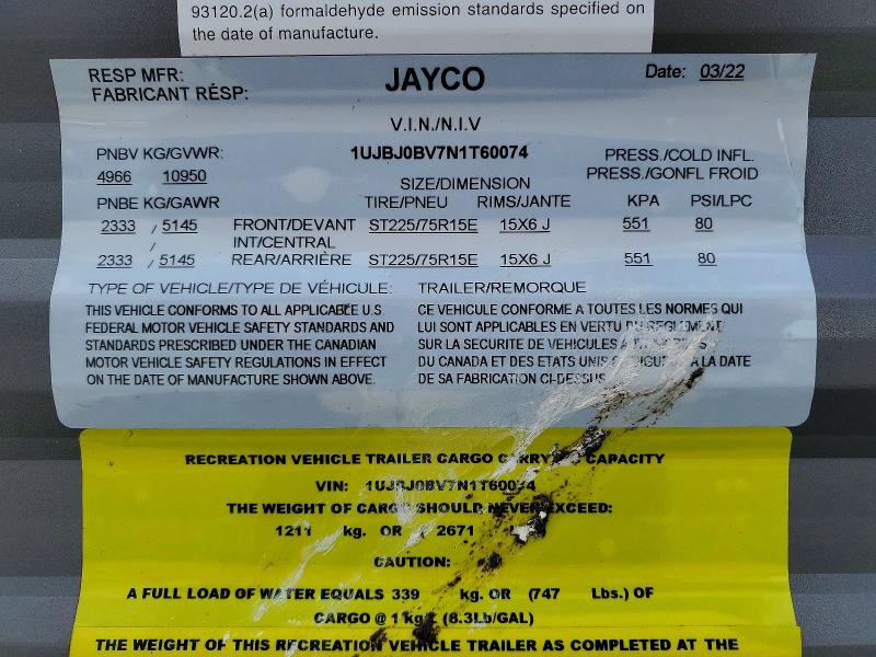 Продажа на аукционе авто 2022 Jayco Jay Flight, vin: 1UJBJ0BV7N1T60074, номер лота: 53787836