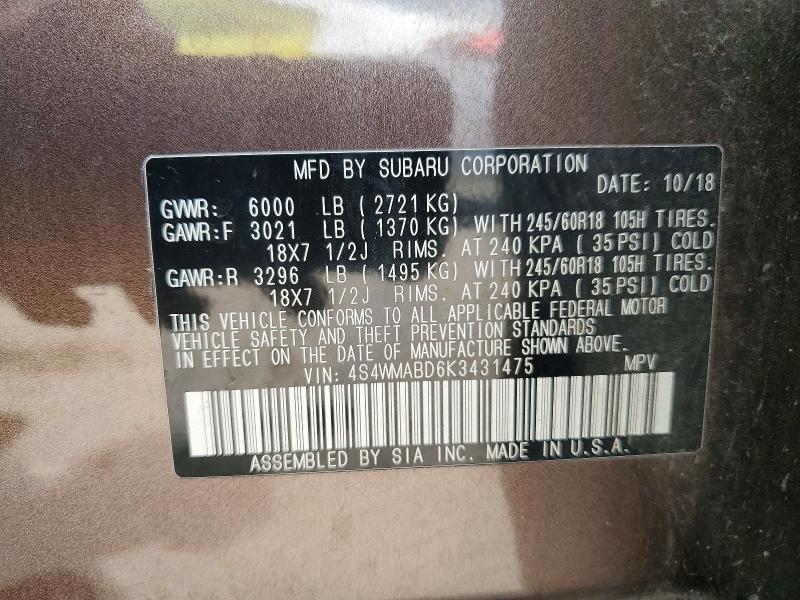 54080946 :رقم المزاد ، 4S4WMABD6K3431475 vin ، 2019 Subaru Ascent مزاد بيع