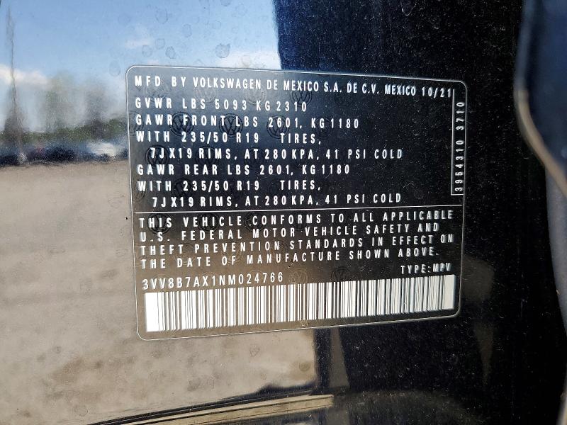 52598346 :رقم المزاد ، 3VV8B7AX1NM024766 vin ، 2022 Volkswagen Tiguan مزاد بيع