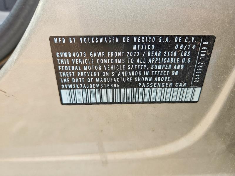 2014 Volkswagen Jetta მანქანა იყიდება აუქციონზე, vin: 3VW2K7AJ0EM316695, აუქციონის ნომერი: 55239736