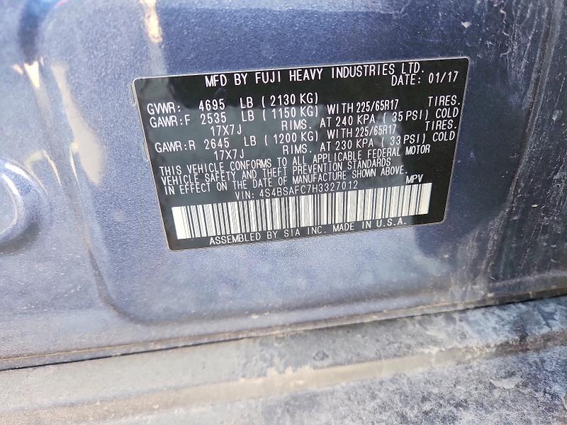2017 Subaru Outback მანქანა იყიდება აუქციონზე, vin: 4S4BSAFC7H3327012, აუქციონის ნომერი: 52222686