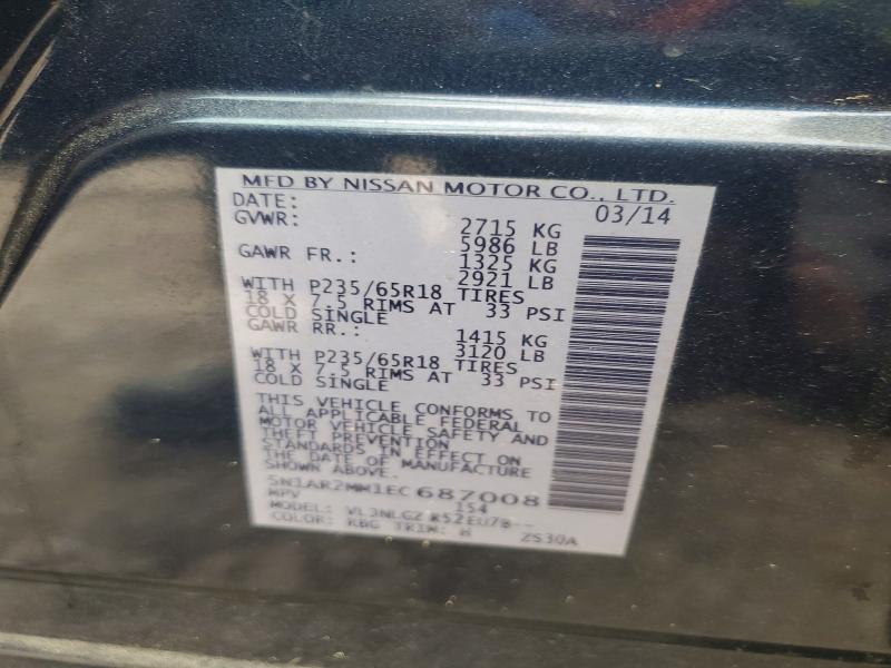 52013146 :رقم المزاد ، 5N1AR2MM1EC687008 vin ، 2014 Nissan Pathfinder مزاد بيع