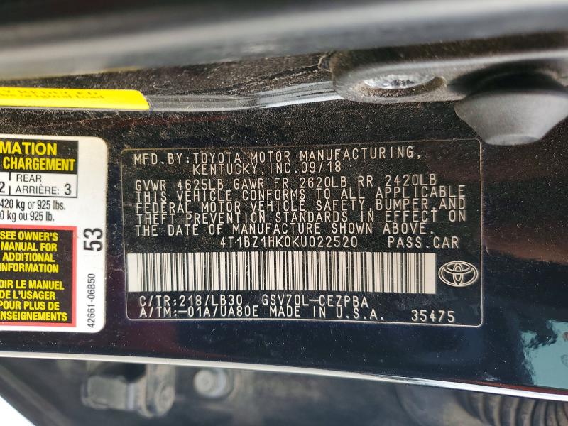 Продажа на аукционе авто 2019 Toyota Camry, vin: 4T1BZ1HK0KU022520, номер лота: 52731466