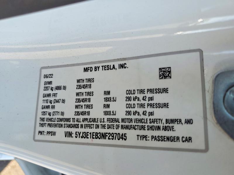 Aukcja sprzedaży 2022 Tesla Model 3, vin: 5YJ3E1EB3NF297045, numer aukcji: 52915196
