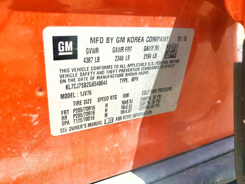 Продаж на аукціоні авто 2016 Chevrolet Trax, vin: KL7CJPSB2GB548644, номер лоту: 54853586