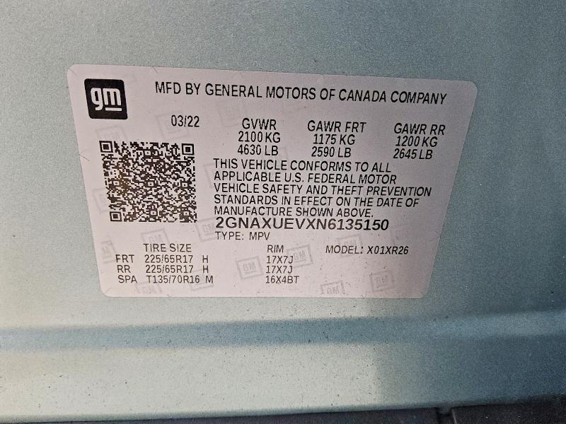 2022 Chevrolet Equinox მანქანა იყიდება აუქციონზე, vin: 2GNAXUEVXN6135150, აუქციონის ნომერი: 54526726