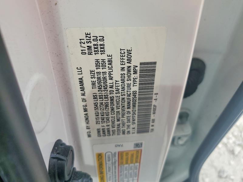 Продаж на аукціоні авто 2021 Honda Pilot, vin: 5FNYF5H31MB025493, номер лоту: 51194056