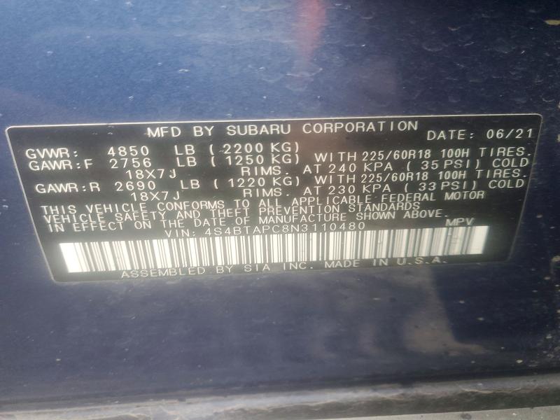 53135006 :رقم المزاد ، 4S4BTAPC8N3110480 vin ، 2022 Subaru Outback مزاد بيع