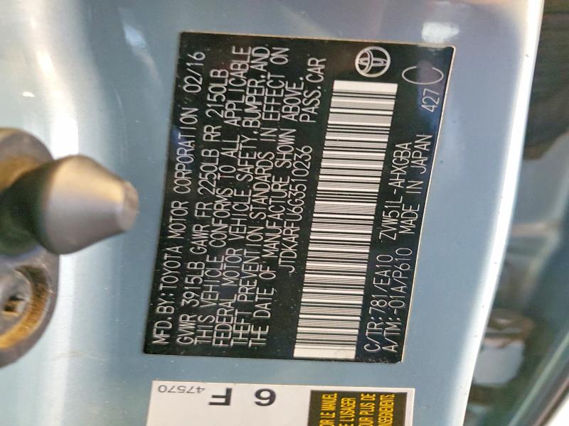 2016 Toyota Prius მანქანა იყიდება აუქციონზე, vin: JTDKARFU6G3510236, აუქციონის ნომერი: 54013456