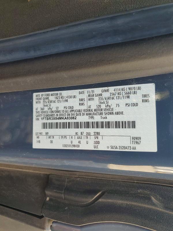 52478706 :رقم المزاد ، 1FTBR3X84MKA83082 vin ، 2021 Ford Transit مزاد بيع