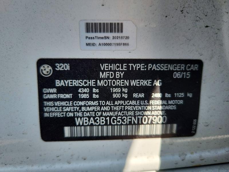 2015 Bmw 320 მანქანა იყიდება აუქციონზე, vin: WBA3B1G53FNT07900, აუქციონის ნომერი: 53740636