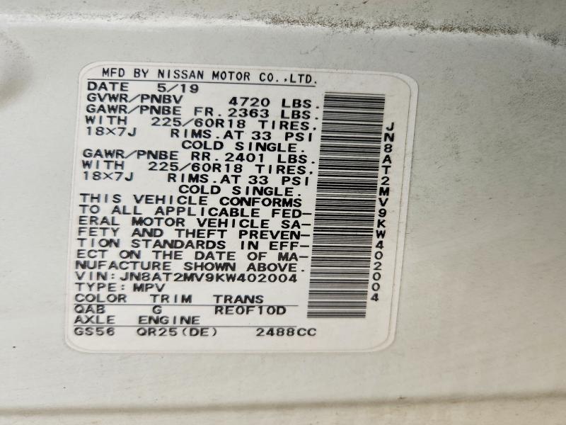 52040966 :رقم المزاد ، JN8AT2MV9KW402004 vin ، 2019 Nissan Rogue مزاد بيع