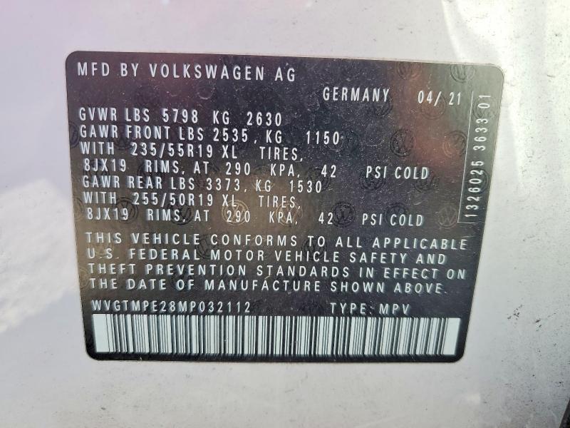 54090906 :رقم المزاد ، WVGTMPE28MP032112 vin ، 2021 Volkswagen Id.4 مزاد بيع