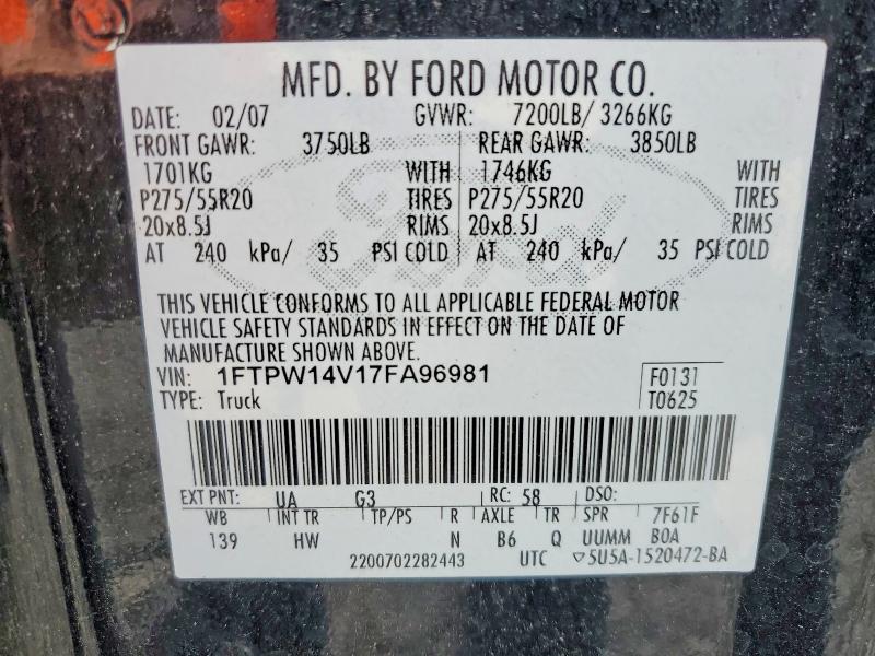 53997066 :رقم المزاد ، 1FTPW14V17FA96981 vin ، 2007 Ford F150 مزاد بيع