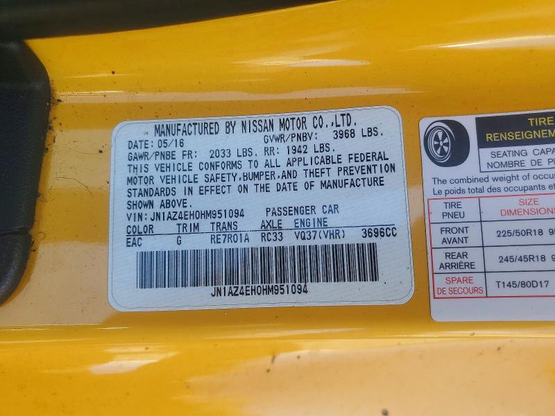 2017 Nissan 370z მანქანა იყიდება აუქციონზე, vin: JN1AZ4EH0HM951094, აუქციონის ნომერი: 55194416