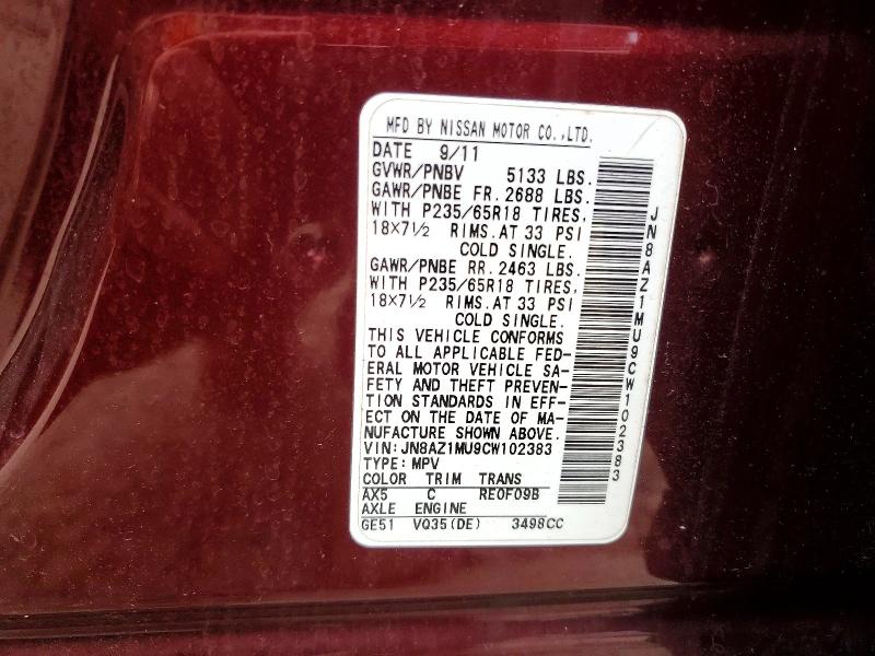 Aukcja sprzedaży 2012 Nissan Murano, vin: JN8AZ1MU9CW102383, numer aukcji: 52702516