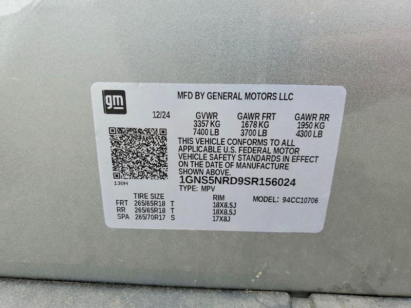 55160716 :رقم المزاد ، 1GNS5NRD9SR156024 vin ، 2025 Chevrolet Tahoe مزاد بيع