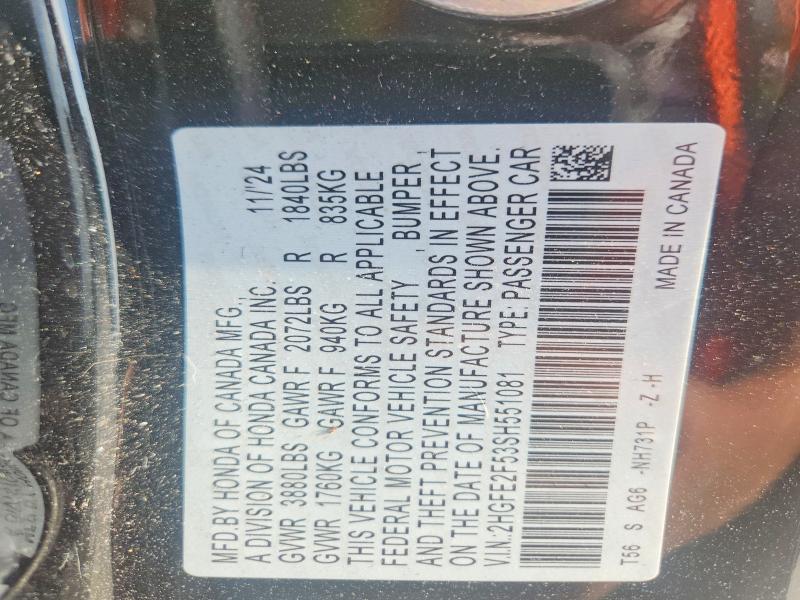 Продаж на аукціоні авто 2025 Honda Civic, vin: 2HGFE2F53SH551081, номер лоту: 52444436