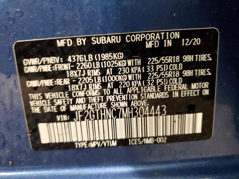 Aukcja sprzedaży 2021 Subaru Crosstrek, vin: JF2GTHNC7MH304443, numer aukcji: 53519096