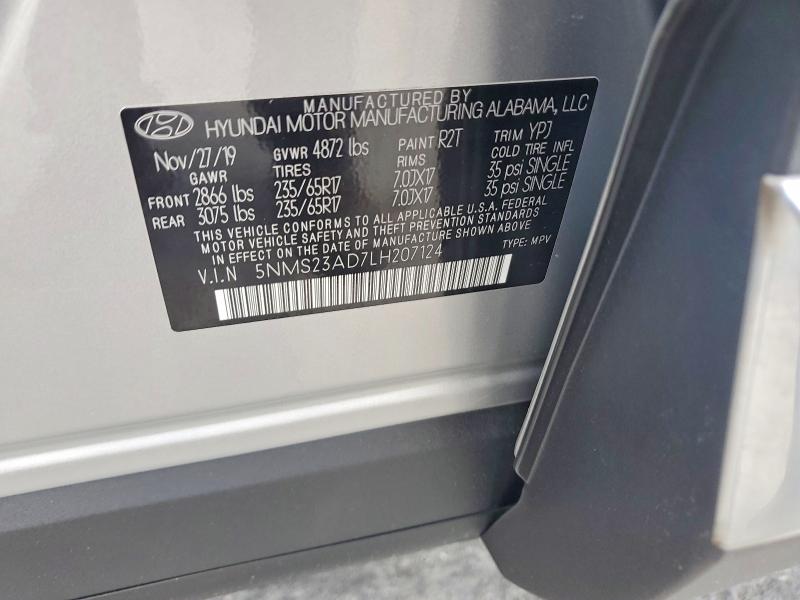 2020 Hyundai Santa Fe მანქანა იყიდება აუქციონზე, vin: 5NMS23AD7LH207124, აუქციონის ნომერი: 54222736