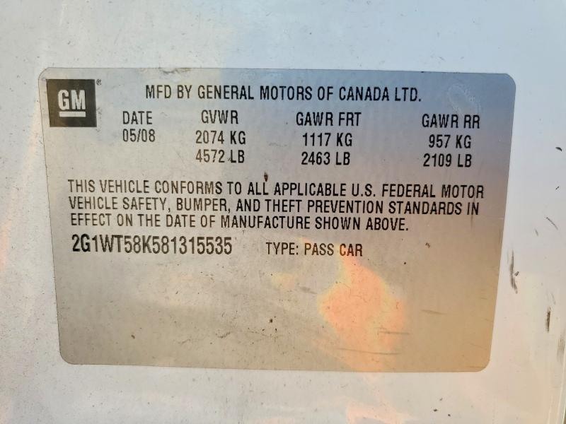 55023106 :رقم المزاد ، 2G1WT58K581315535 vin ، 2008 Chevrolet Impala مزاد بيع