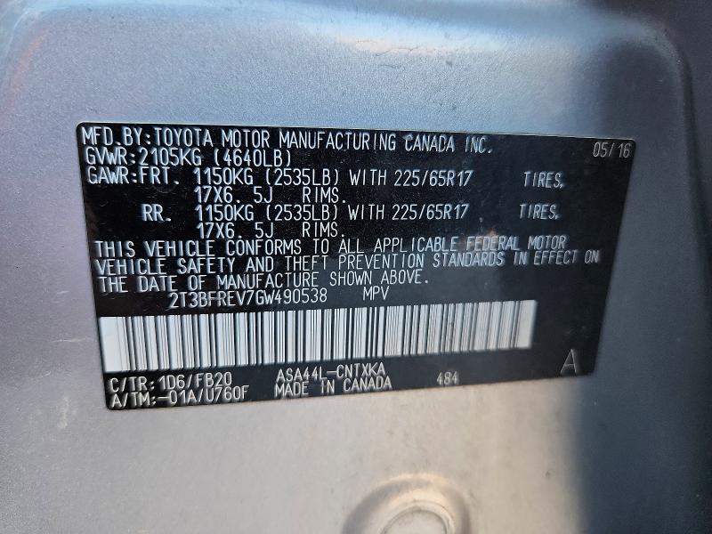 Aukcja sprzedaży 2016 Toyota Rav4, vin: 2T3BFREV7GW490538, numer aukcji: 54061816