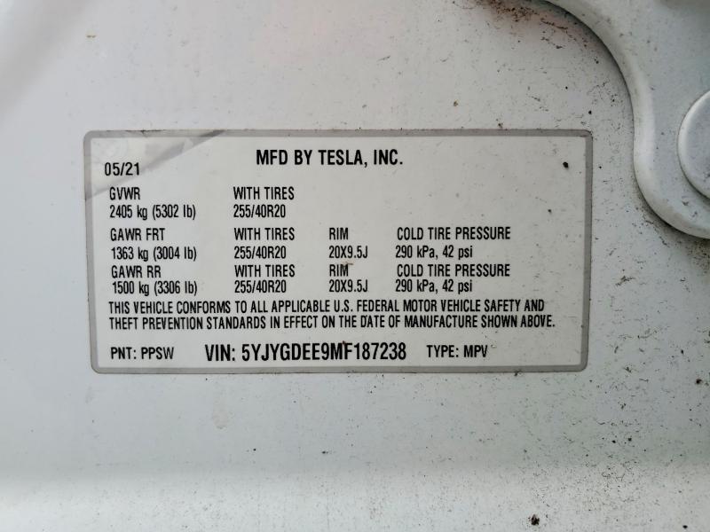 2021 Tesla Model Y მანქანა იყიდება აუქციონზე, vin: 5YJYGDEE9MF187238, აუქციონის ნომერი: 54684876