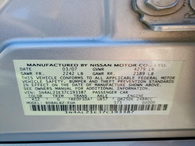 Продаж на аукціоні авто 2007 Nissan Altima, vin: 1N4AL21E37C193387, номер лоту: 52886446