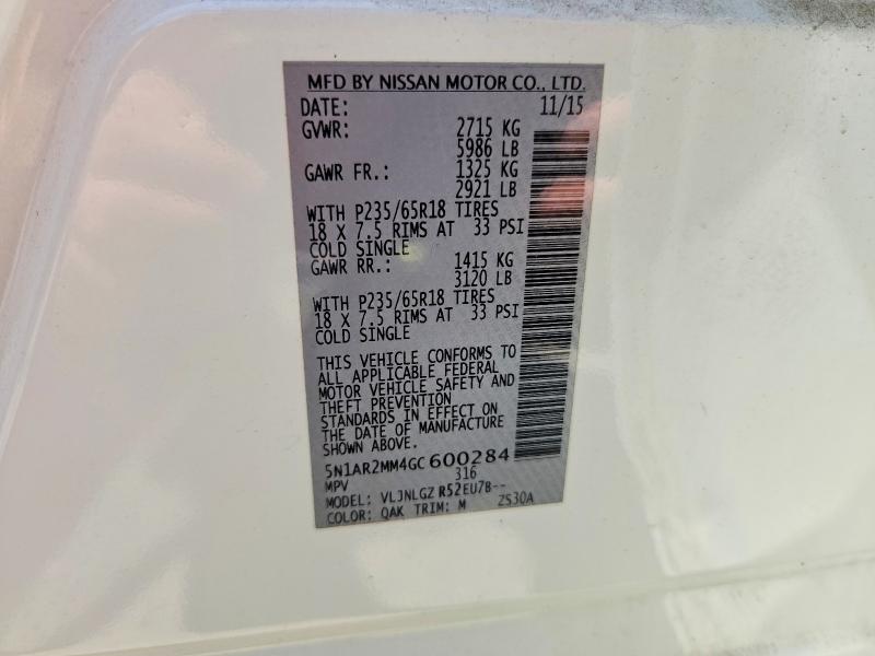2016 Nissan Pathfinder მანქანა იყიდება აუქციონზე, vin: 5N1AR2MM4GC600284, აუქციონის ნომერი: 54226546