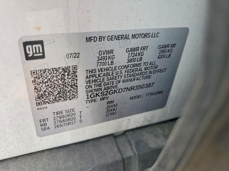 Продажа на аукционе авто 2022 Gmc Yukon Xl, vin: 1GKS2GKD7NR350387, номер лота: 54772476