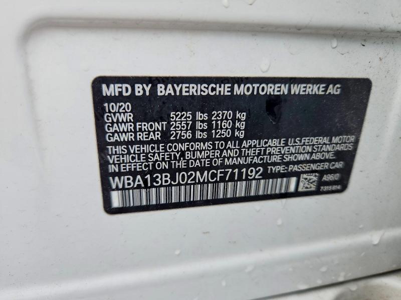 Aukcja sprzedaży 2021 Bmw 530, vin: WBA13BJ02MCF71192, numer aukcji: 53589306