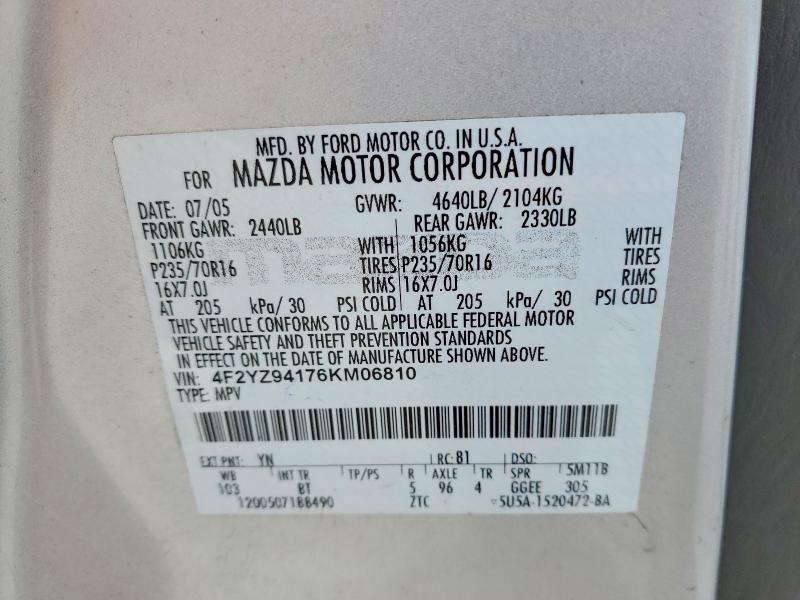 2006 Mazda Tribute მანქანა იყიდება აუქციონზე, vin: 4F2YZ94176KM06810, აუქციონის ნომერი: 53405566