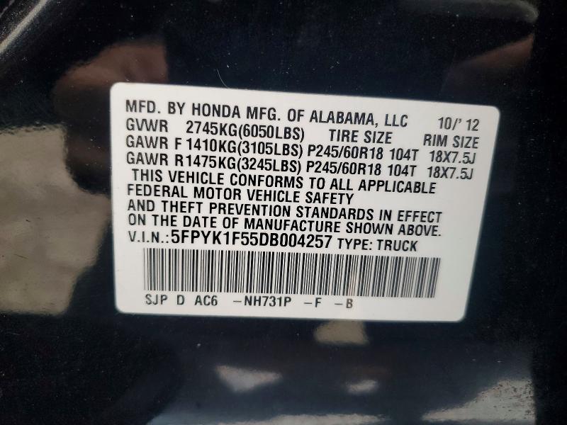 52996546 :رقم المزاد ، 5FPYK1F55DB004257 vin ، 2013 Honda Ridgeline مزاد بيع