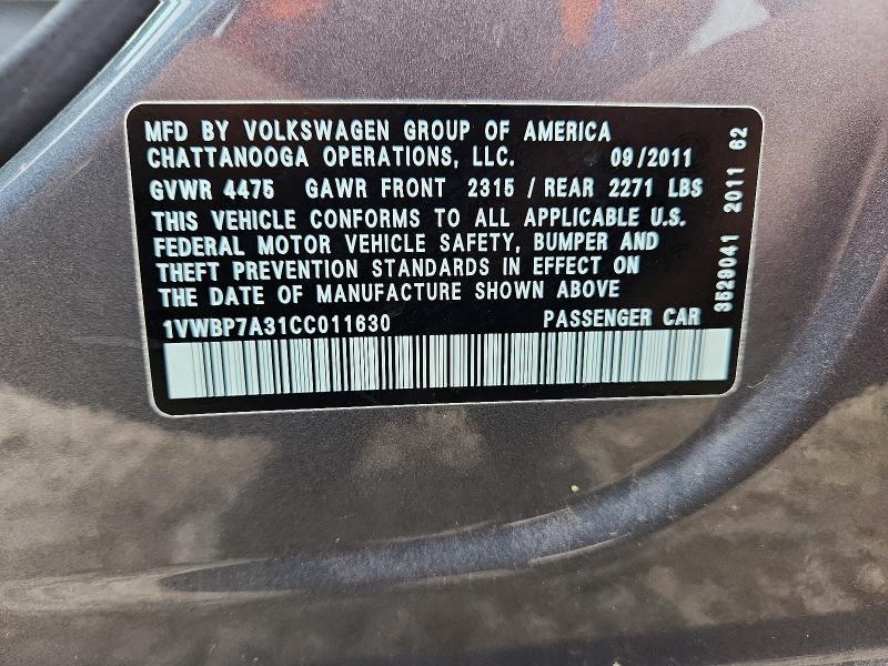 Aukcja sprzedaży 2012 Volkswagen Passat, vin: 1VWBP7A31CC011630, numer aukcji: 53843136