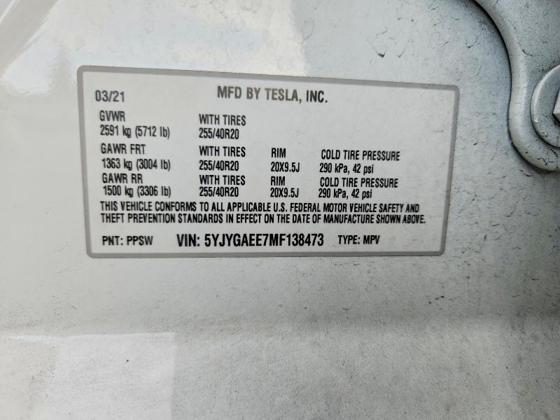 54712556 :رقم المزاد ، 5YJYGAEE7MF138473 vin ، 2021 Tesla Model Y مزاد بيع