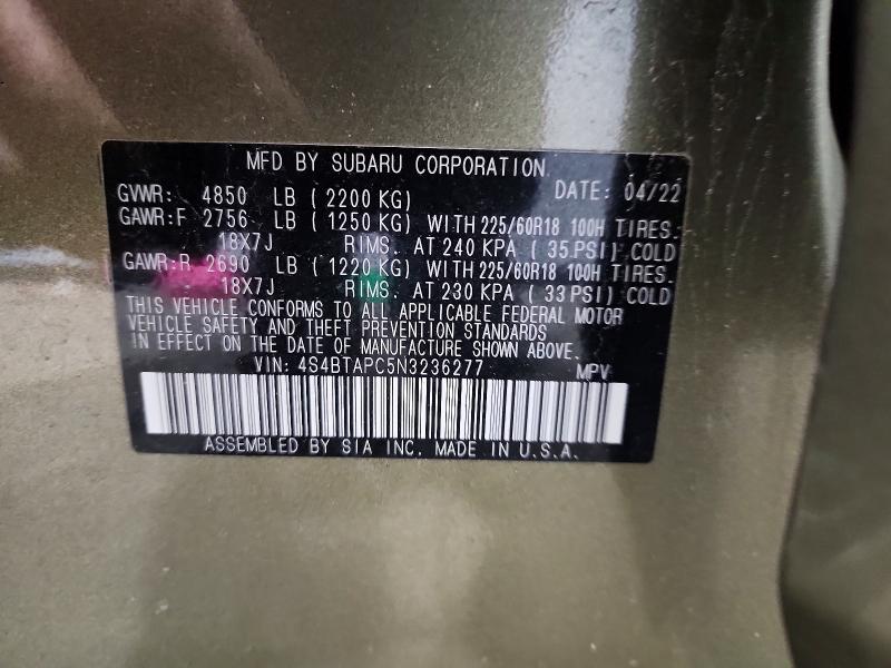 2022 Subaru Outback მანქანა იყიდება აუქციონზე, vin: 4S4BTAPC5N3236277, აუქციონის ნომერი: 54082576