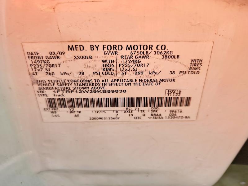 2009 Ford F150 მანქანა იყიდება აუქციონზე, vin: 1FTRF12W39KB89838, აუქციონის ნომერი: 53850406