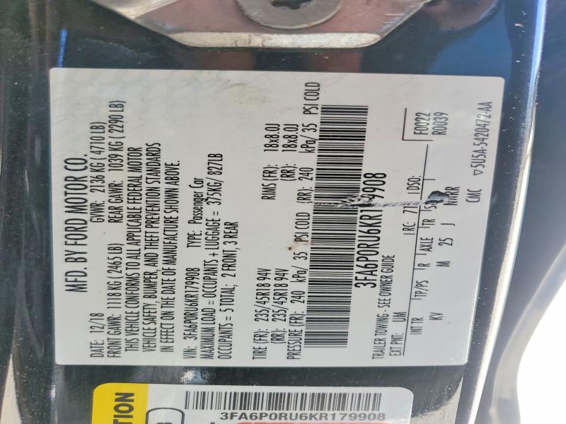 Продаж на аукціоні авто 2019 Ford Fusion, vin: 3FA6P0RU6KR179908, номер лоту: 53008356