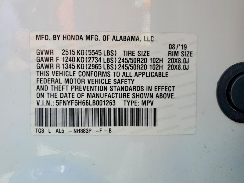 Продаж на аукціоні авто 2020 Honda Pilot, vin: 5FNYF5H66LB001263, номер лоту: 52583306