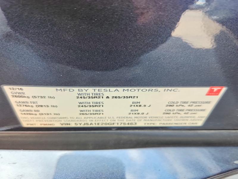 Продаж на аукціоні авто 2016 Tesla Model S, vin: 5YJSA1E20GF175463, номер лоту: 52965166