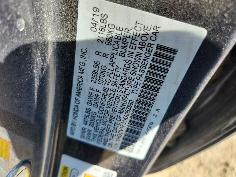 Продаж на аукціоні авто 2019 Honda Accord, vin: 1HGCV1F31KA083880, номер лоту: 54716416