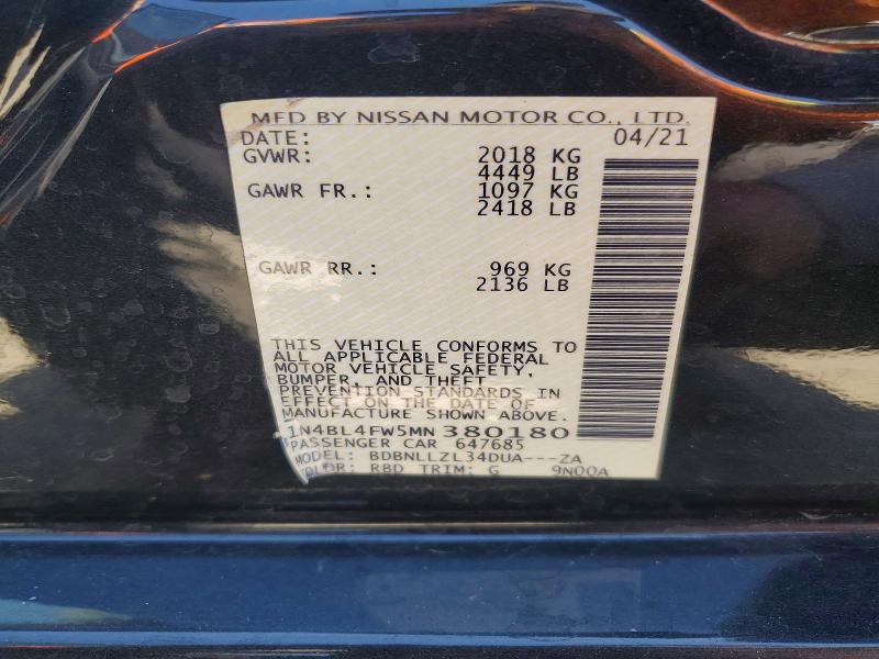 Продажа на аукционе авто 2021 Nissan Altima, vin: 1N4BL4FW5MN380180, номер лота: 53645456
