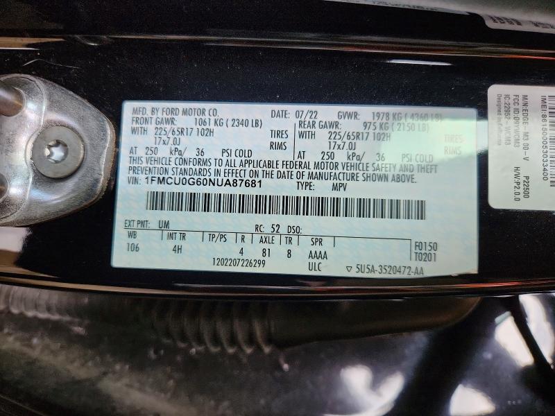 Aukcja sprzedaży 2022 Ford Escape, vin: 1FMCU0G60NUA87681, numer aukcji: 53576586