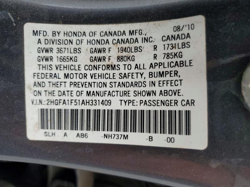 2010 Honda Civic მანქანა იყიდება აუქციონზე, vin: 2HGFA1F51AH331409, აუქციონის ნომერი: 55110256