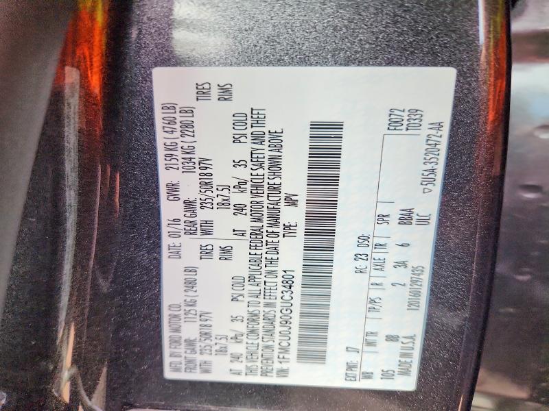 53700946 :رقم المزاد ، 1FMCU0J90GUC34801 vin ، 2016 Ford Escape مزاد بيع