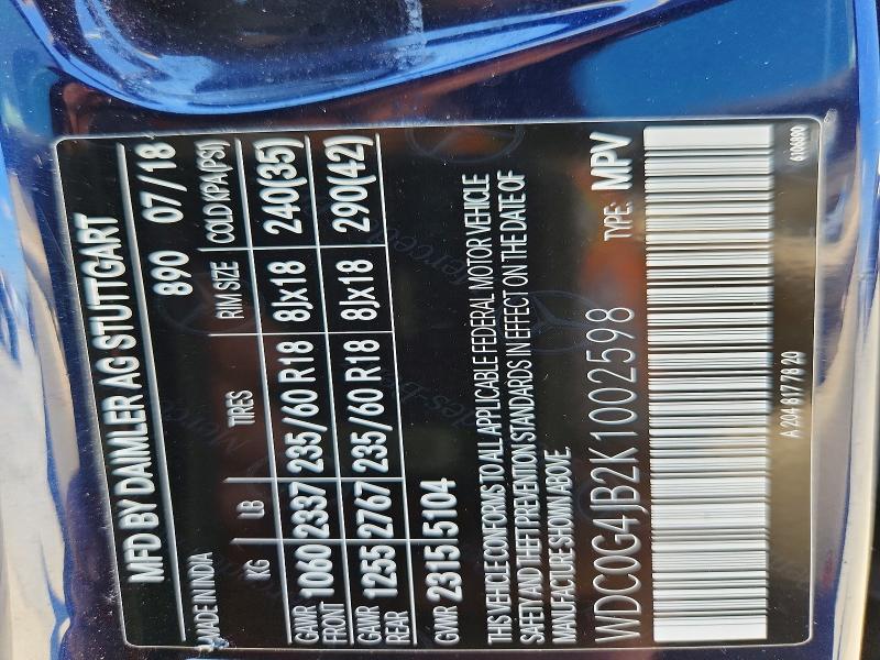 Aukcja sprzedaży 2019 Mercedes-benz Glc, vin: WDC0G4JB2K1002598, numer aukcji: 51895996