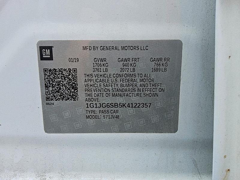 2019 Chevrolet Sonic მანქანა იყიდება აუქციონზე, vin: 1G1JG6SB5K4122357, აუქციონის ნომერი: 50274356