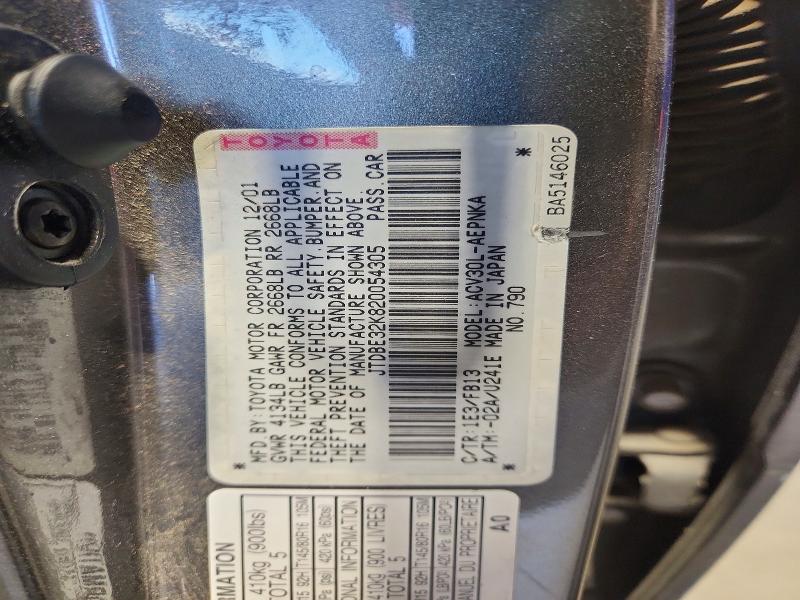 52897086 :رقم المزاد ، JTDBE32K820054305 vin ، 2002 Toyota Camry مزاد بيع