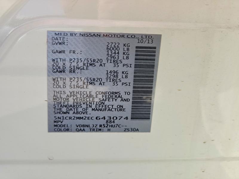 55558126 :رقم المزاد ، 5N1CR2MM2EC643074 vin ، 2014 Nissan Pathfinder Hybrid مزاد بيع